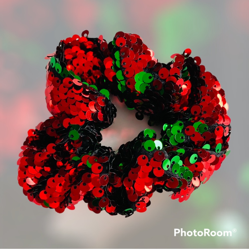 Red And Green Sequined Holiday Hair Scrunchy